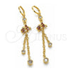 Arete Largo 02.316.0086.1 Oro Laminado, Diseño de Rolo y Oja, con Zirconia Cubica Granate y Blanca, Pulido, Tono Dorado