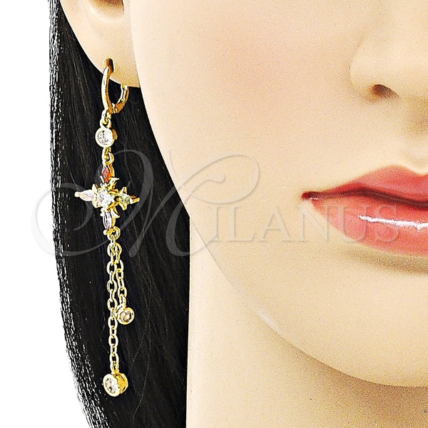 Arete Largo 02.316.0087 Oro Laminado, Diseño de Rolo y Cruz, con Multicolor and Blanca Zirconia Cubica, Pulido, Tono Dorado