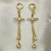 Arete Largo 02.316.0087 Oro Laminado, Diseño de Rolo y Cruz, con Multicolor and Blanca Zirconia Cubica, Pulido, Tono Dorado