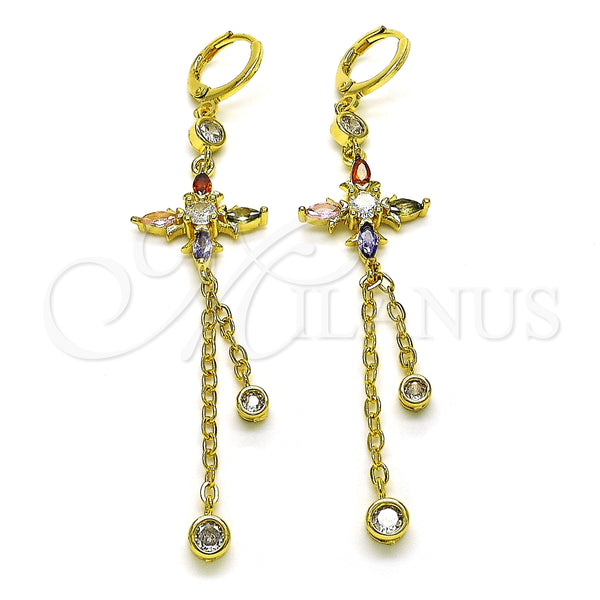 Arete Largo 02.316.0087 Oro Laminado, Diseño de Rolo y Cruz, con Multicolor and Blanca Zirconia Cubica, Pulido, Tono Dorado