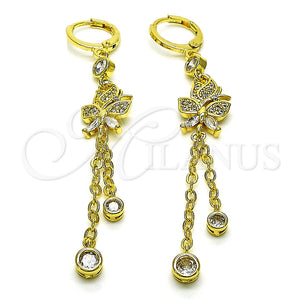 Arete Largo 02.316.0083.2 Oro Laminado, Diseño de Rolo y Mariposa, con Blanca Micro Pave and Blanca Zirconia Cubica, Pulido, Tono Dorado