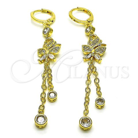 Arete Largo 02.316.0083.2 Oro Laminado, Diseño de Rolo y Mariposa, con Blanca Micro Pave and Blanca Zirconia Cubica, Pulido, Tono Dorado