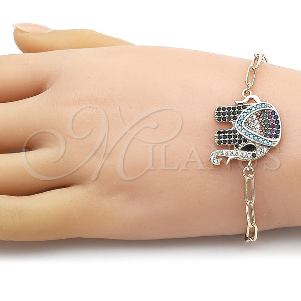 Pulsera Elegante 03.316.0078.07 Oro Laminado, Diseño de Paperclip y Elefante, con Multicolor Micro Pave, Pulido, Tono Dorado (04 MM Thickness, 7 Inches Length)