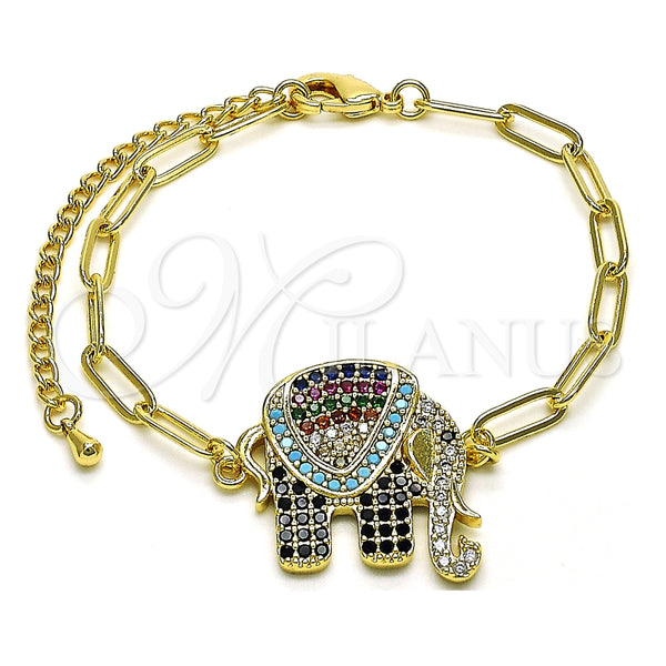 Pulsera Elegante 03.316.0078.07 Oro Laminado, Diseño de Paperclip y Elefante, con Multicolor Micro Pave, Pulido, Tono Dorado (04 MM Thickness, 7 Inches Length)