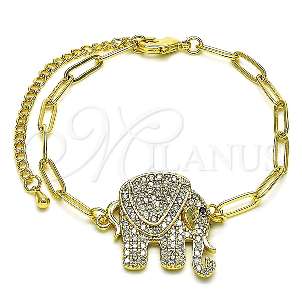 Pulsera Elegante 03.316.0078.1.07 Oro Laminado, Diseño de Paperclip y Elefante, con Blanca and Negro Micro Pave, Pulido, Tono Dorado (04 MM Thickness, 7 Inches Length)