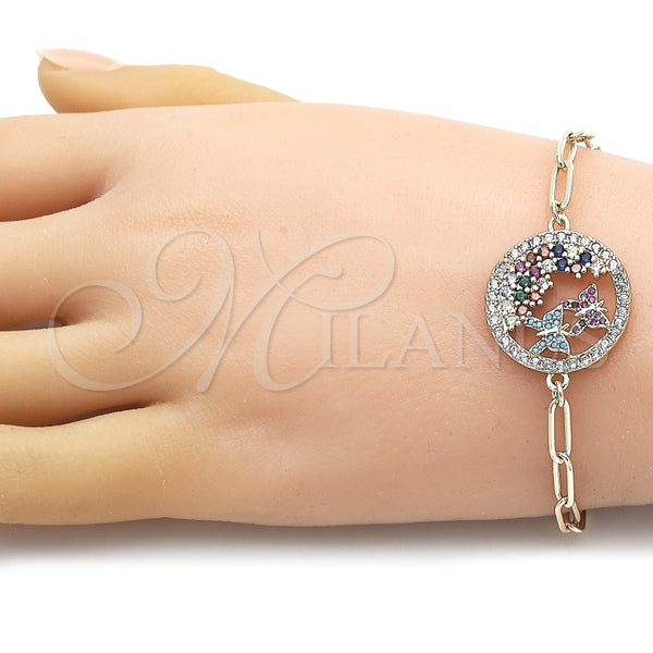 Pulsera Elegante 03.316.0079.07 Oro Laminado, Diseño de Paperclip y Mariposa, con Rubi and Turquoise Micro Pave, Pulido, Tono Dorado (04 MM Thickness, 7 Inches Length)