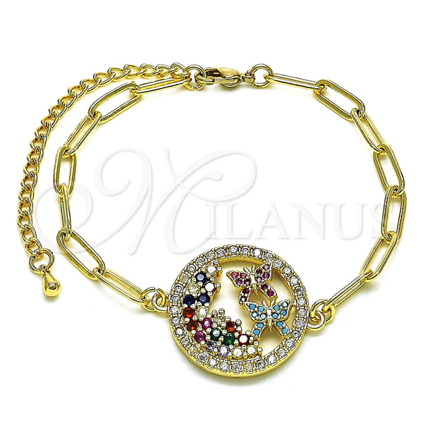 Pulsera Elegante 03.316.0079.07 Oro Laminado, Diseño de Paperclip y Mariposa, con Rubi and Turquoise Micro Pave, Pulido, Tono Dorado (04 MM Thickness, 7 Inches Length)