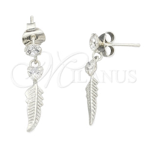 Arete Largo 02.401.0057 Plata Rodinada, Diseño de Oja y Corazón, con Zirconia Cubica Blanca, Pulido, Tono Plateado