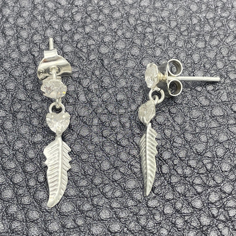 Arete Largo 02.401.0057 Plata Rodinada, Diseño de Oja y Corazón, con Zirconia Cubica Blanca, Pulido, Tono Plateado