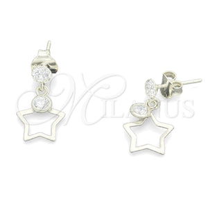 Arete Largo 02.401.0059 Plata Rodinada, Diseño de Estrella, con Zirconia Cubica Blanca, Pulido, Tono Plateado