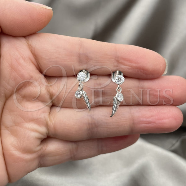 Arete Largo 02.401.0060 Plata Rodinada, Diseño de Oja, con Zirconia Cubica Blanca, Pulido, Tono Plateado