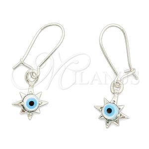 Arete Largo 02.401.0061 Plata Rodinada, Diseño de Ojo Griego y Estrella, con Cristal Turquoise, Pulido, Tono Plateado