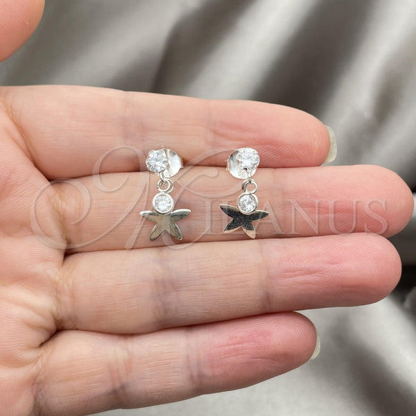 Arete Largo 02.401.0065 Plata Rodinada, Diseño de Flor, con Zirconia Cubica Blanca, Pulido, Tono Plateado