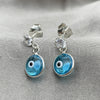 Arete Largo 02.401.0070 Plata Rodinada, Diseño de Ojo Griego, con Cristal Turquoise y Zirconia Cubica Blanca, Pulido, Tono Plateado