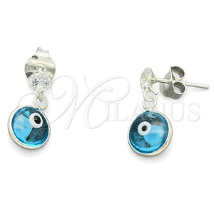 Arete Largo 02.401.0070 Plata Rodinada, Diseño de Ojo Griego, con Cristal Turquoise y Zirconia Cubica Blanca, Pulido, Tono Plateado