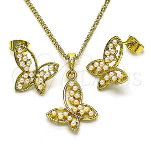 Juego de Arete y Dije de Adulto 10.379.0042 Oro Laminado, Diseño de Mariposa, con Marfil Perla, Pulido, Tono Dorado