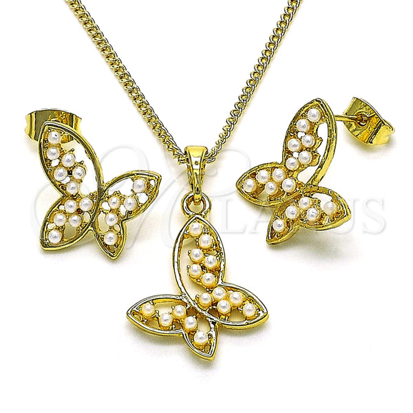Juego de Arete y Dije de Adulto 10.379.0042 Oro Laminado, Diseño de Mariposa, con Marfil Perla, Pulido, Tono Dorado