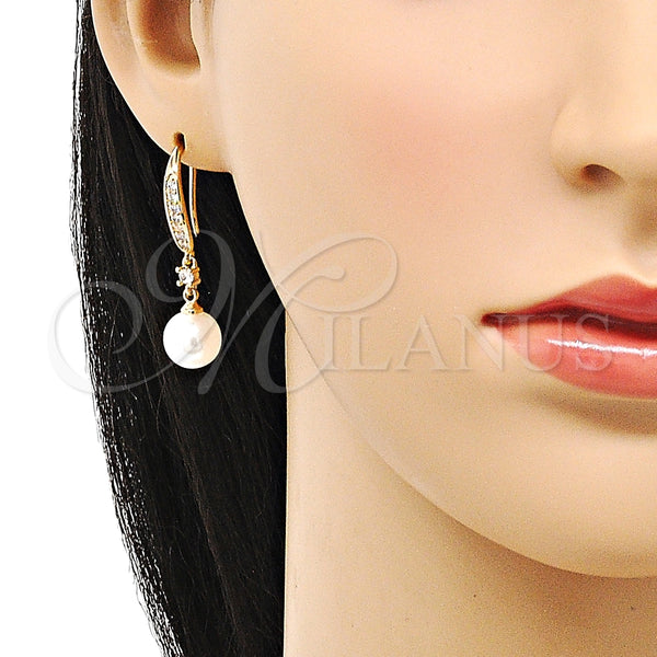 Arete Largo 02.387.0109 Oro Laminado, Diseño de Bola, con Marfil Perla and Blanca Zirconia Cubica, Pulido, Tono Dorado