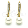 Arete Largo 02.387.0109 Oro Laminado, Diseño de Bola, con Marfil Perla and Blanca Zirconia Cubica, Pulido, Tono Dorado