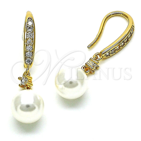Arete Largo 02.387.0109 Oro Laminado, Diseño de Bola, con Marfil Perla and Blanca Zirconia Cubica, Pulido, Tono Dorado