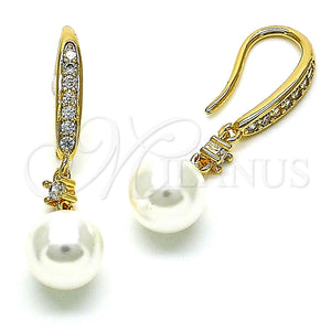 Arete Largo 02.387.0109 Oro Laminado, Diseño de Bola, con Marfil Perla and Blanca Zirconia Cubica, Pulido, Tono Dorado