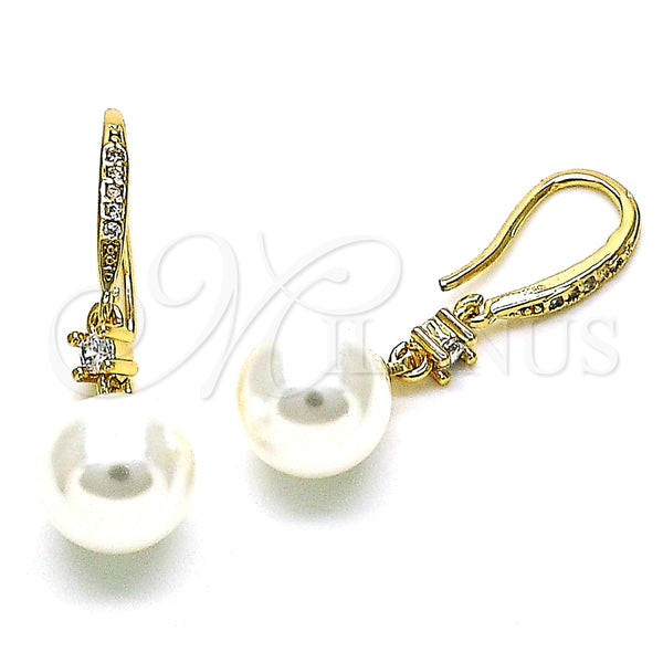 Arete Largo 02.387.0110 Oro Laminado, con Marfil Perla and Blanca Micro Pave, Pulido, Tono Dorado