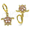 Arete Colgante 02.357.0072 Oro Laminado, Diseño de Tortuga y Flor, con Rosado Zirconia Cubica, Pulido, Tono Dorado