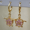 Arete Colgante 02.357.0072 Oro Laminado, Diseño de Tortuga y Flor, con Rosado Zirconia Cubica, Pulido, Tono Dorado