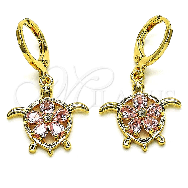 Arete Colgante 02.357.0072 Oro Laminado, Diseño de Tortuga y Flor, con Rosado Zirconia Cubica, Pulido, Tono Dorado