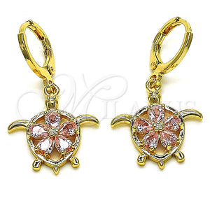 Arete Colgante 02.357.0072 Oro Laminado, Diseño de Tortuga y Flor, con Rosado Zirconia Cubica, Pulido, Tono Dorado