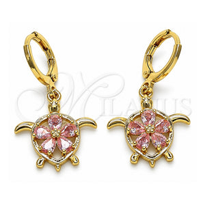 Arete Colgante 02.357.0072 Oro Laminado, Diseño de Tortuga y Flor, con Zirconia Cubica Rosado, Pulido, Tono Dorado