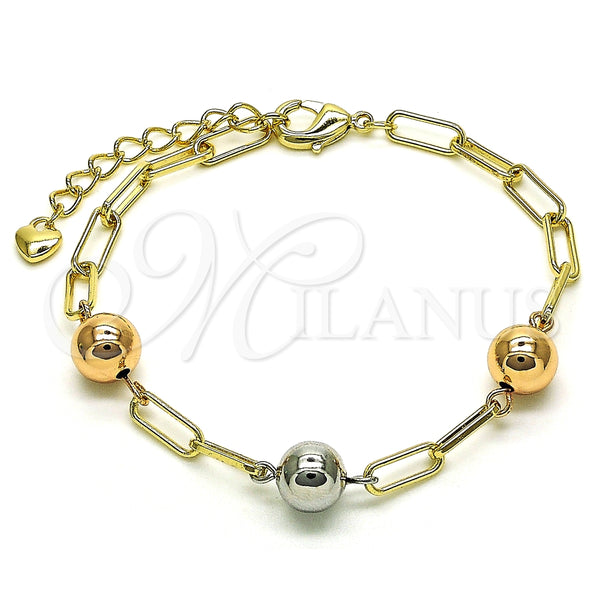 Pulsera Elegante 03.213.0176.07 Oro Laminado, Diseño de Paperclip, Pulido, Tres Tonos (04 MM Thickness, 7 Inches Length)