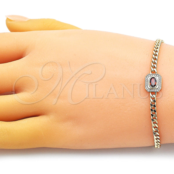 Pulsera Elegante 03.213.0162.2.07 Oro Laminado, Diseño de Miami Cubana, con Granate Zirconia Cubica and Blanca Micro Pave, Pulido, Tono Dorado (04 MM Thickness, 7 Inches Length)
