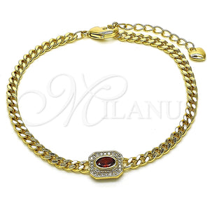 Pulsera Elegante 03.213.0162.2.07 Oro Laminado, Diseño de Miami Cubana, con Granate Zirconia Cubica and Blanca Micro Pave, Pulido, Tono Dorado (04 MM Thickness, 7 Inches Length)