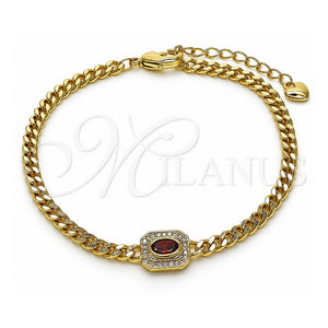 Pulsera Elegante 03.213.0162.2.07 Oro Laminado, Diseño de Miami Cubana, con Granate Zirconia Cubica and Blanca Micro Pave, Pulido, Tono Dorado (04 MM Thickness, 7 Inches Length)