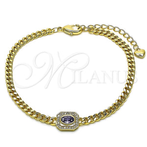 Pulsera Elegante 03.213.0162.4.07 Oro Laminado, Diseño de Miami Cubana, con Amatista Zirconia Cubica and Blanca Micro Pave, Pulido, Tono Dorado (04 MM Thickness, 7 Inches Length)