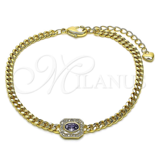 Pulsera Elegante 03.213.0162.4.07 Oro Laminado, Diseño de Miami Cubana, con Amatista Zirconia Cubica and Blanca Micro Pave, Pulido, Tono Dorado (04 MM Thickness, 7 Inches Length)
