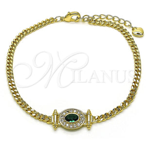 Pulsera Elegante 03.213.0178.1.07 Oro Laminado, Diseño de Miami Cubana, con Verde Zirconia Cubica and Blanca Micro Pave, Pulido, Tono Dorado (03 MM Thickness, 7 Inches Length)