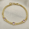 Pulsera Elegante 03.213.0167.3.07 Oro Laminado, Diseño de Miami Cubana, con Rosado Zirconia Cubica, Pulido, Tono Dorado (04 MM Thickness, 7 Inches Length)