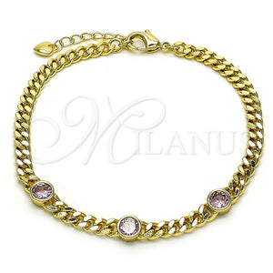 Pulsera Elegante 03.213.0167.3.07 Oro Laminado, Diseño de Miami Cubana, con Rosado Zirconia Cubica, Pulido, Tono Dorado (04 MM Thickness, 7 Inches Length)