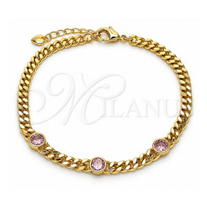 Pulsera Elegante 03.213.0167.3.07 Oro Laminado, Diseño de Miami Cubana, con Zirconia Cubica Rosado, Pulido, Tono Dorado (Grosor 04 MM, 7 Pulgadas de Largo)
