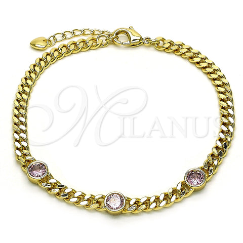 Pulsera Elegante 03.213.0167.3.07 Oro Laminado, Diseño de Miami Cubana, con Rosado Zirconia Cubica, Pulido, Tono Dorado (04 MM Thickness, 7 Inches Length)