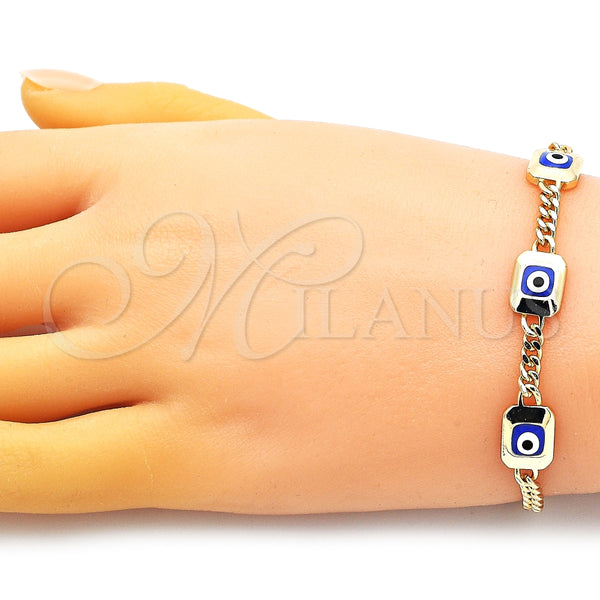 Pulsera Elegante 03.213.0181.07 Oro Laminado, Diseño de Ojo Griego y Miami Cubana, Esmaltado Azul, Tono Dorado (04 MM Thickness, 7 Inches Length)
