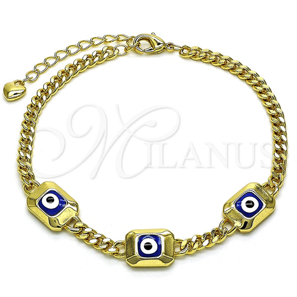 Pulsera Elegante 03.213.0181.07 Oro Laminado, Diseño de Ojo Griego y Miami Cubana, Esmaltado Azul, Tono Dorado (04 MM Thickness, 7 Inches Length)