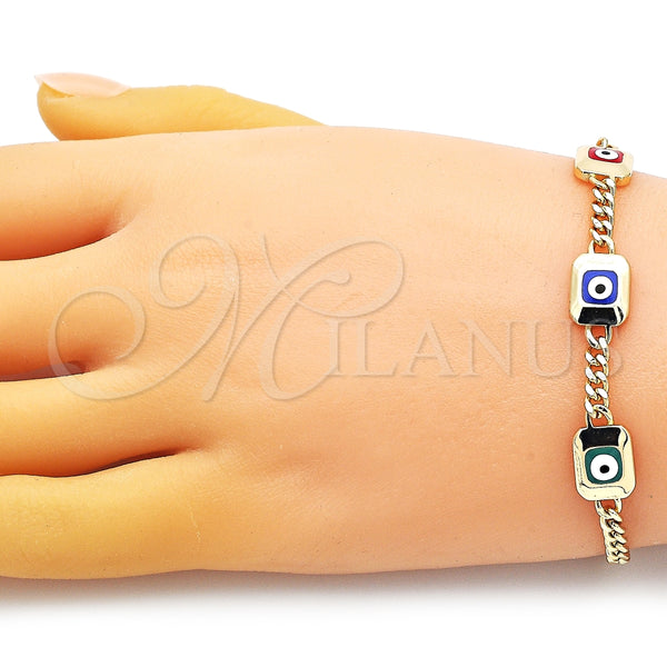 Pulsera Elegante 03.213.0181.1.07 Oro Laminado, Diseño de Ojo Griego y Miami Cubana, Esmaltado Multicolor, Tono Dorado (04 MM Thickness, 7 Inches Length)