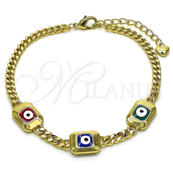 Pulsera Elegante 03.213.0181.1.07 Oro Laminado, Diseño de Ojo Griego y Miami Cubana, Esmaltado Multicolor, Tono Dorado (04 MM Thickness, 7 Inches Length)