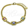 Pulsera Elegante 03.213.0181.1.07 Oro Laminado, Diseño de Ojo Griego y Miami Cubana, Esmaltado Multicolor, Tono Dorado (04 MM Thickness, 7 Inches Length)
