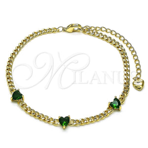 Pulsera Elegante 03.213.0184.2.07 Oro Laminado, Diseño de Corazón y Miami Cubana, con Verde Zirconia Cubica, Pulido, Tono Dorado (03 MM Thickness, 7 Inches Length)