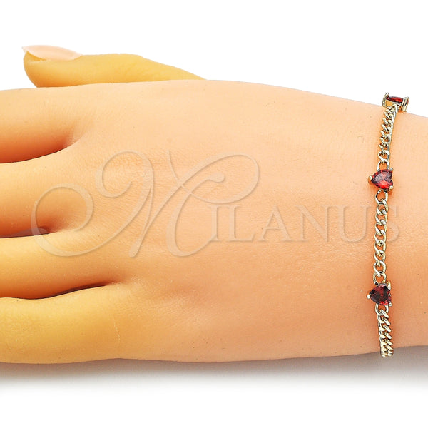 Pulsera Elegante 03.213.0184.5.07 Oro Laminado, Diseño de Corazón y Miami Cubana, con Granate Zirconia Cubica, Pulido, Tono Dorado (03 MM Thickness, 7 Inches Length)