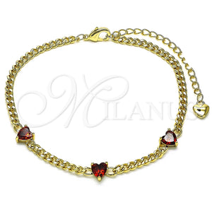 Pulsera Elegante 03.213.0184.5.07 Oro Laminado, Diseño de Corazón y Miami Cubana, con Granate Zirconia Cubica, Pulido, Tono Dorado (03 MM Thickness, 7 Inches Length)